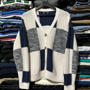Women's Navy and Cream Button-Up Cardigan